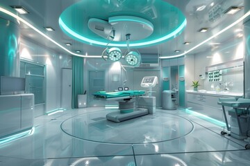 A sterile, modern operating room with a surgical table and equipment