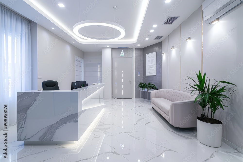 Wall mural a modern clinics reception area with a marble countertop, a white couch, and a potted plant