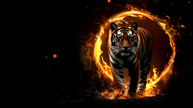 tiger with flame on black background