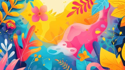Playful graphic design background with cartoon illustrations and bright colors.