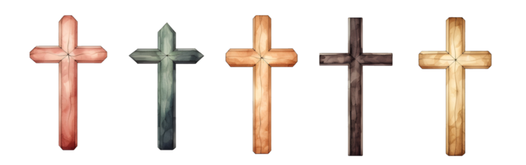 Watercolor painting of five colorful wooden crosses elements for Christianity, faith, spirituality illustration