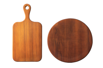 Cutout image of wooden rectangular and round cutting boards isolated on a transparent background