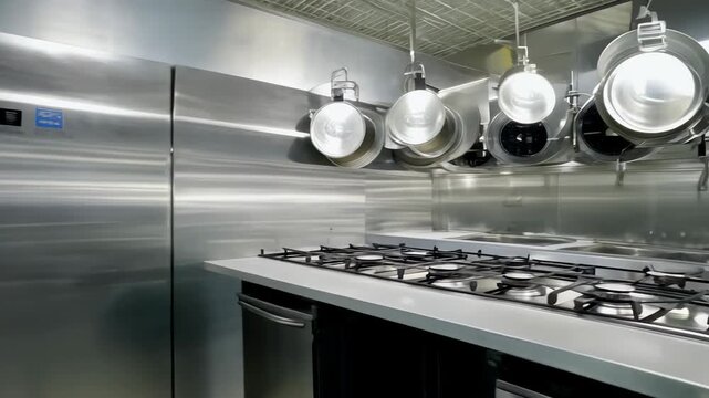 Design of a professional kitchen for a restaurant or cafe. Metal table. Kitchen equipment for catering. Cooking space
