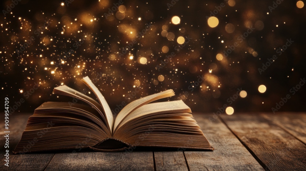 Poster open book with golden sparkle effect on wooden table