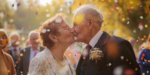 Lovely senior couple renewing their vows at their wedding day. Elderly married couple kissing on a backdrop of confetti and their guests.