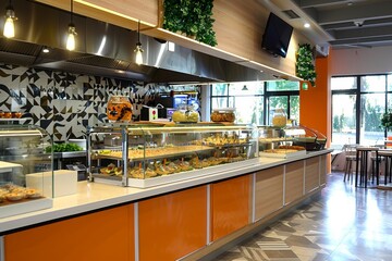 Interior of a stylish cafeteria featuring a food display counter with various dishes