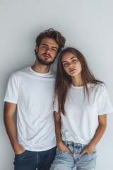 Fototapeta premium Mock up of a male and female couple wearing plain white t-shirts, AI generated Image