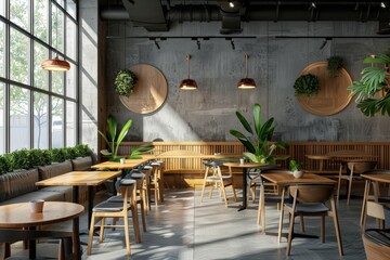 A stylish cafeteria interior with wooden tables and chairs, large windows, and modern lighting