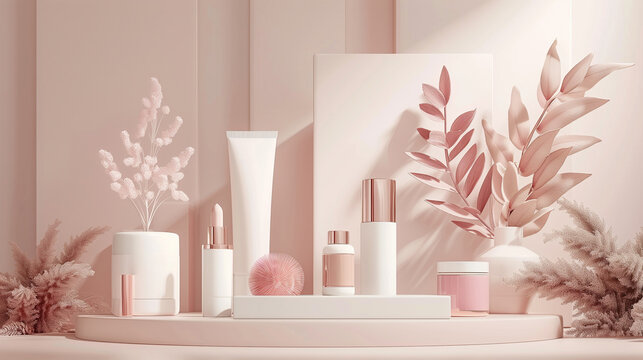 Podium display scene for cosmetic product and packate