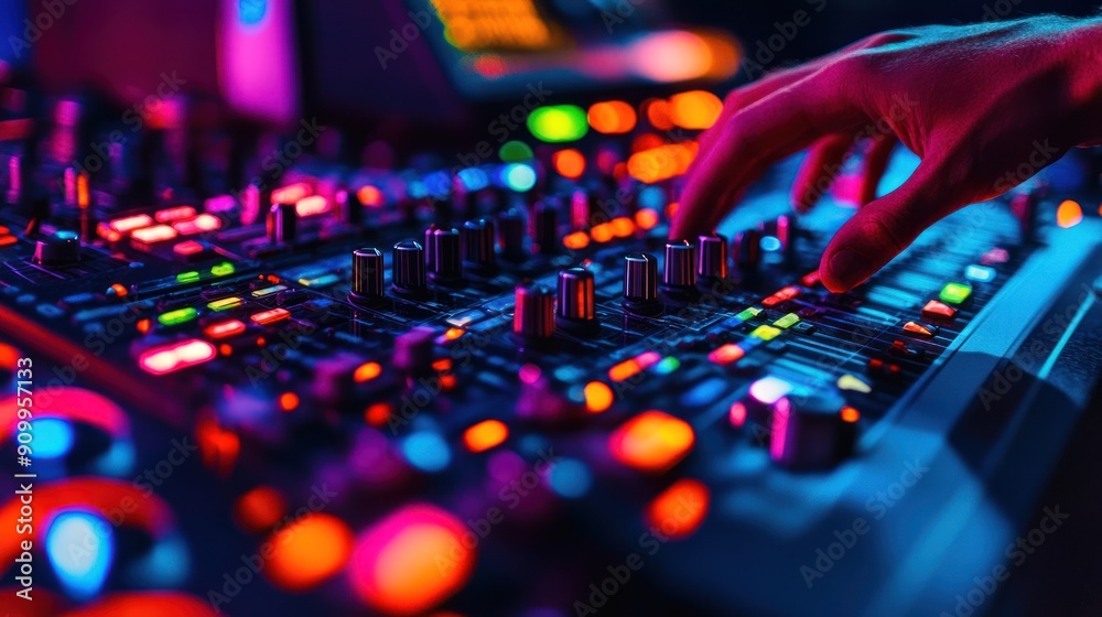 Poster close-up of hand adjusting audio mixer controls in colorful lighting