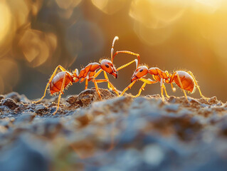 Two Red Ants Engaging in a Struggle on a Sunlit Surface at Dusk