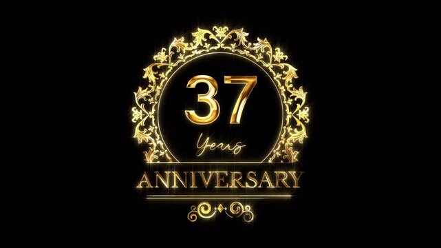 37th Anniversary Celebration. Happy 37 Years Anniversary Animation in Gold Color on the Transparent Background, Alpha Channel. Great for greetings, celebrations, events, and gifts.