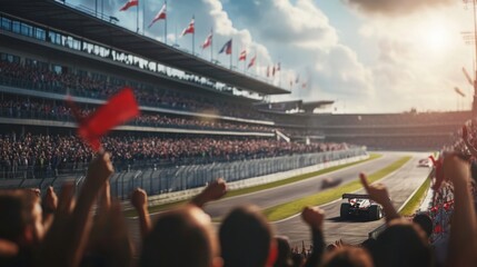 Fans wave flags and cheer loudly as racing cars accelerate around the track during an exciting grand prix event.