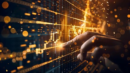 Fototapeta premium Hand Pointing to Rising Golden Financial Graph Showcasing Business Growth and Forecasts