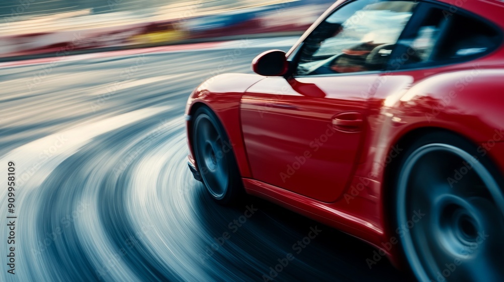 Poster a red sports car skillfully drifts on a wet racetrack during sunset, leaving tire marks and splashes