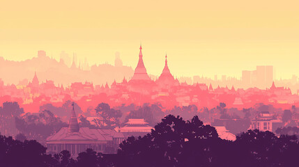 Fototapeta premium Risograph artsy riso print travel poster, card, wallpaper or banner illustration, modern, isolated, clear, simple of Naypyidaw, Myanmar. Artistic, graphic design