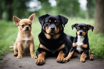 chihuahua rottweiler dog puppy2 baby friendship friends big black animal race studio background white obedient obedience kind guard