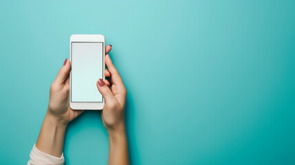 Woman holding smartphone with blank screen on turquoise background for health message