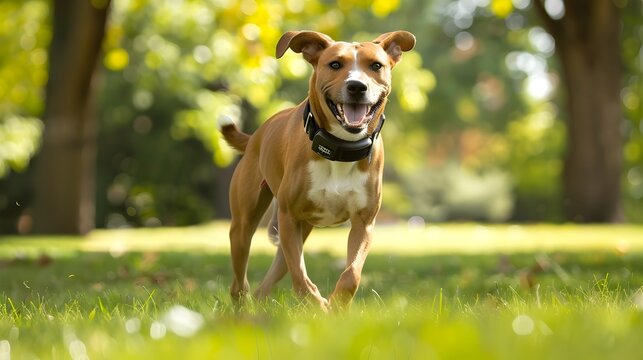 Dog with GPS Collar Enjoying Outdoor Adventure in the Park