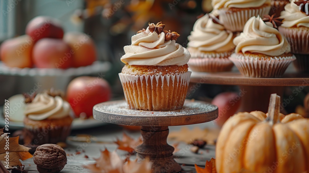 Wall mural Delicious Pumpkin Spice Cupcakes with Warm Autumnal Decor