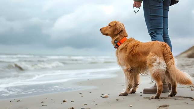 Dog Wearing Tracker During Beach Walk Outdoor Adventure