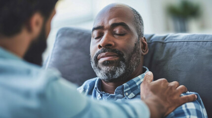 Therapist providing gentle emotional support to client during private session at home