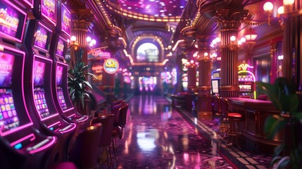Fototapeta premium Vibrant Neon-Lit Casino Interior Featuring Slot Machines and Elegant Bar Area at Night