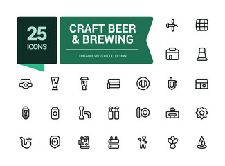 Craft Beer and Brewing Line Icons Set. Related to Beer Bottle, Glass, Barrel, Six-pack, Keg, Mug. Minimalist thin linear web ui icon set. Simple editable vector stroke illustration.