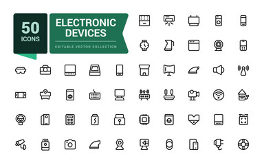 Electronic Devices icon pack. Set of outline icons related to computer. Minimalist thin linear web ui icon set. Simple editable vector stroke illustration.