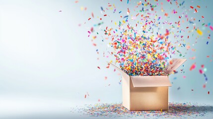An open cardboard box releasing a burst of colorful confetti against a bright background, ideal for celebrations.