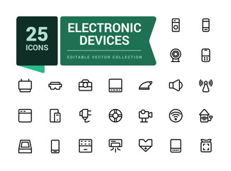 Electronic Devices icon pack. Set of outline icons related to computer. Minimalist thin linear web ui icon set. Simple editable vector stroke illustration.
