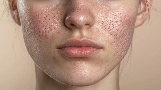 Close-up of a woman's face with acne scars.