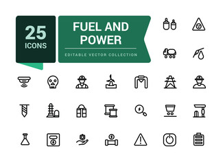Fuel And Power icon pack. Set of industial, Construction, Power Industry line icons. Minimalist thin linear web ui icon set. Simple editable vector stroke illustration.