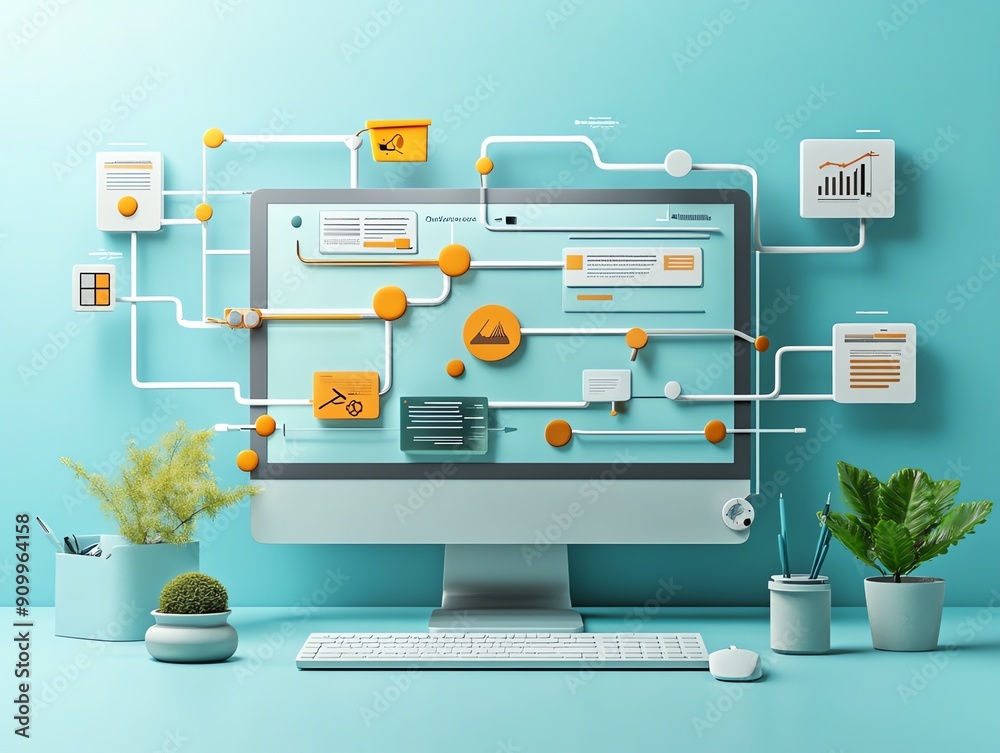 Poster Modern desktop with computer and connected icons.