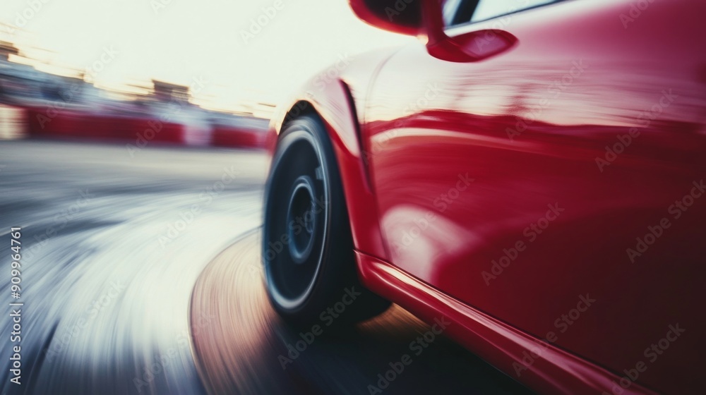 Poster a red sports car skillfully drifts on a wet track, creating a splash of water while the sun sets in 