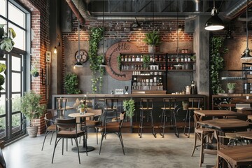 Modern cafe interior with exposed brick walls, metal accents, and plants