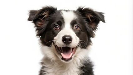 Fototapeta premium Fluffy border collie puppy with a big grin, isolated on white background , fluffy, border collie, puppy, dog