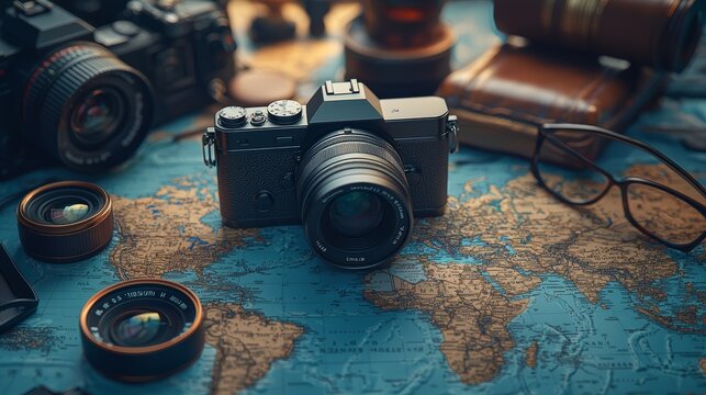 Vintage Camera and Photography Equipment on World Map Celebrating World Photography Day - Powered by Adobe