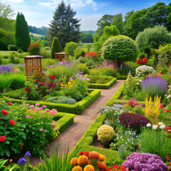 Obraz premium garden with flowers, flower, park, flowers, nature, landscape, tree, path, summer, grass, trees, spring, plant, plants, gardening, outdoor, beautiful