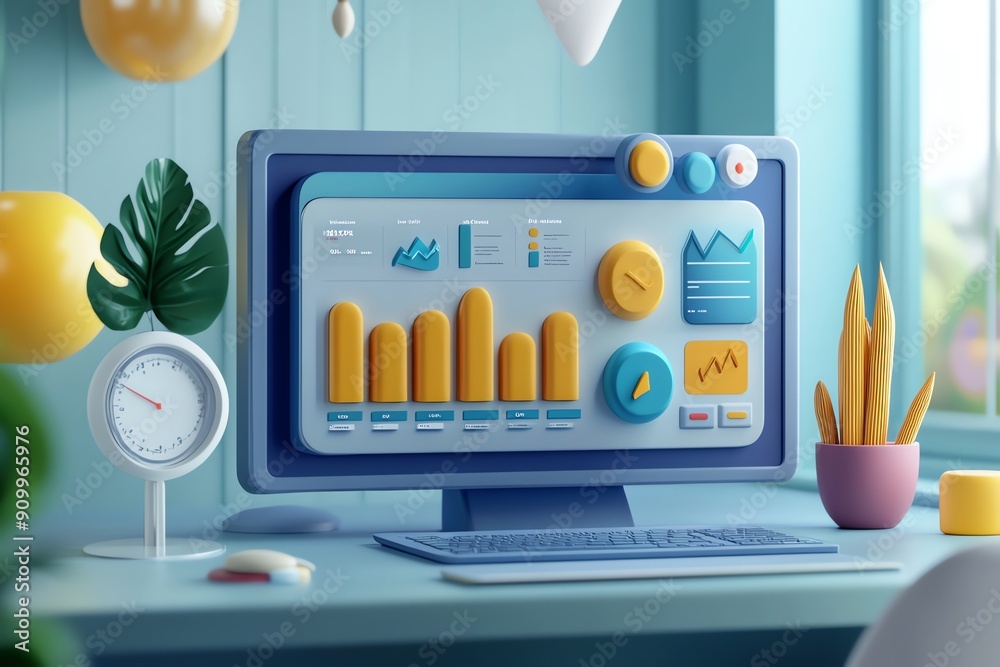 Aufkleber 3D Render Of A Minimalist Computer Desktop With Colorful Geometric Shapes And Charts.