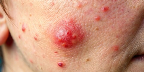 Fototapeta premium Close-up of a red inflamed pimple on the skin, pimple, acne, skincare, blemish, dermatology, dermatologist, treatment