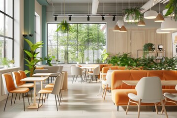 Fototapeta premium A bright and airy coworking space with large windows, comfortable seating, and plenty of plants