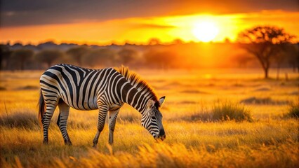 Naklejka premium Zebra gracefully grazing in a field at sunset with warm backlighting , sunset, nature, wildlife, animal, stripes