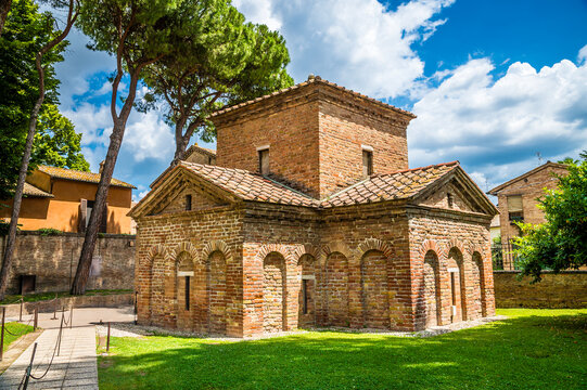 A view towards the Mausoleum of Galla Placidia in Ravenna, Italy in summertime