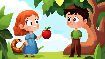 A vibrant illustration of the eve offering an apple to adam while a sly snake looks on from a tree branch.