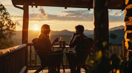 Couple enjoying morning coffee on cabin porch with sunrise mountain view for serene getaways
