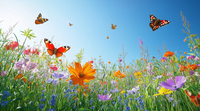 A vibrant meadow filled with a variety of wildflowers in full bloom, with butterflies and bees flitting about under a clear blue sky