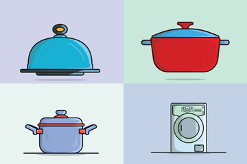 Set of Restaurant Kitchen Elements vector illustration. Home and Restaurant interior equipment icon concept. Collection of Casserole pot, Cooking Pot, Serving Tray and Mortar and Pestle vector design.