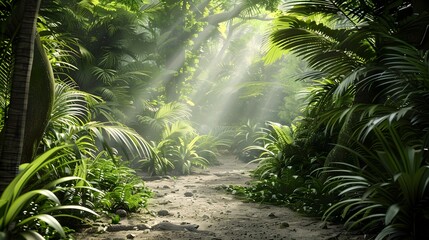 Naklejka premium Enchanting Tropical Jungle Landscape with Lush Foliage and Sun Rays Illuminating the Misty Path