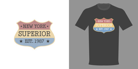 Vector illustration. T-shirt with vintage logo SUPERIOR NEW YORK. Retro design of fashionable t-shirt in minimalistic style. Original Athletic Department. Typographic print college league
